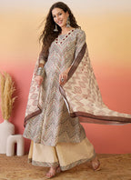 Vegaa Fashion Cream Roman Silk Embroidered Palazzo Suit