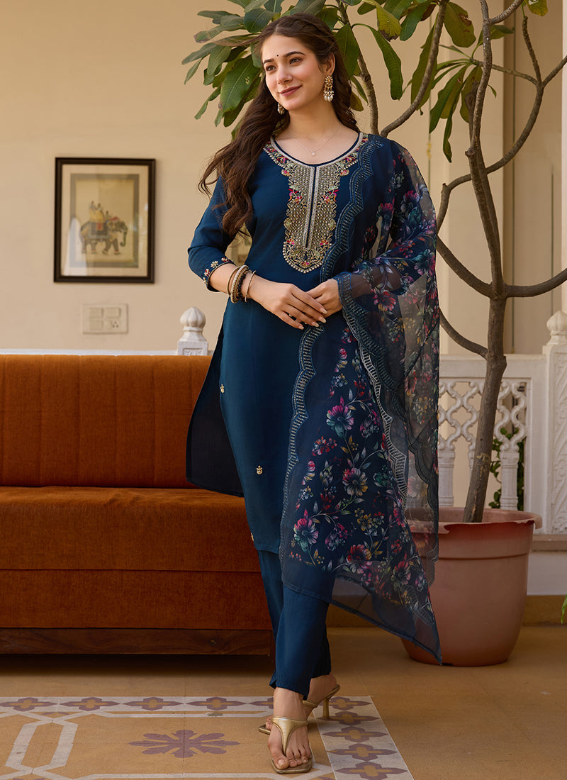 Vegaa Fashion Navy Blue Viscose Silk Beads Work Desginer Suit - Distacart