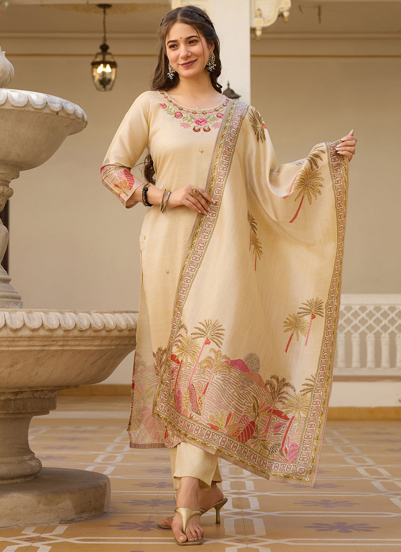 Vegaa Fashion Cream Viscose Silk Beads Work Desginer Suit - Distacart