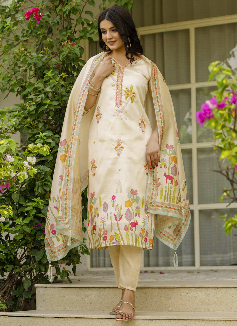 Vegaa Fashion Cream Viscose Silk Beads Work Desginer Suit - Distacart