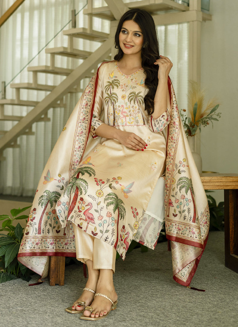 Vegaa Fashion Cream Viscose Silk Beads Work Desginer Suit - Distacart