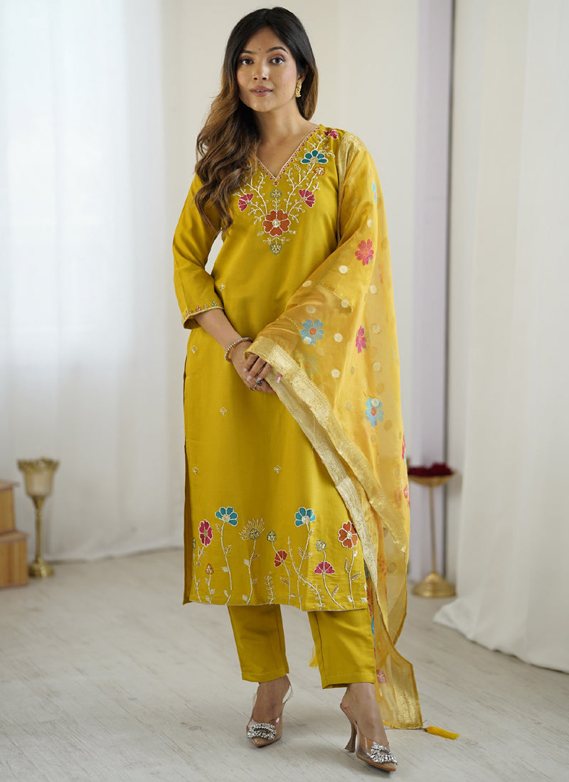 Vegaa Fashion Yellow Viscose Silk Beads Work Desginer Suit - Distacart