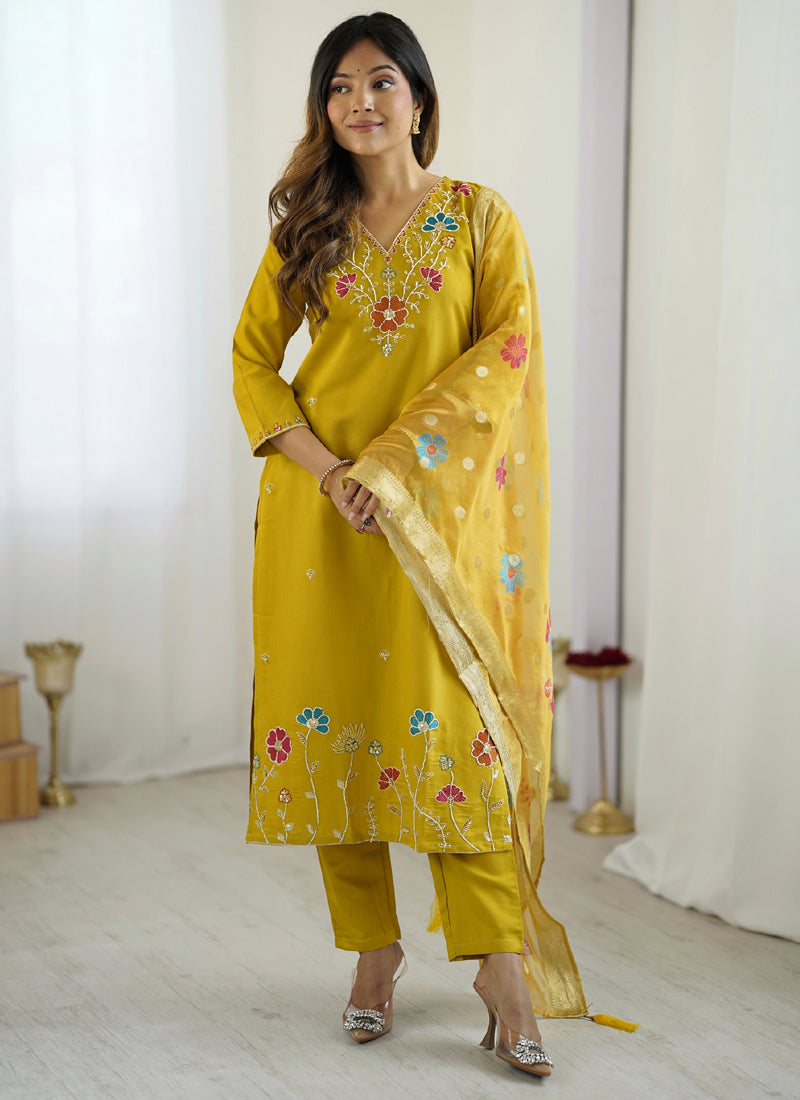 Vegaa Fashion Yellow Viscose Silk Beads Work Desginer Suit - Distacart