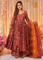 Vegaa Fashion Red Muslin Printed Designer Palazzo Suit