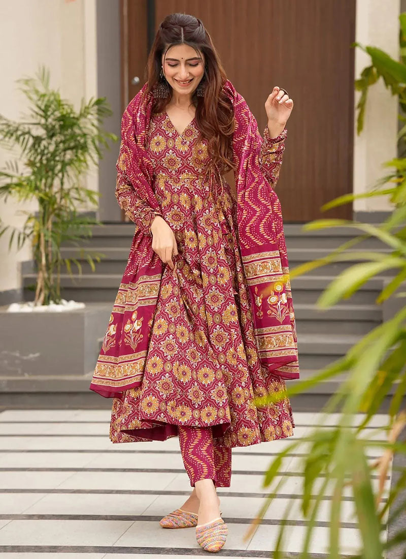 Vegaa Fashion Red Muslin Printed Designer Palazzo Suit
