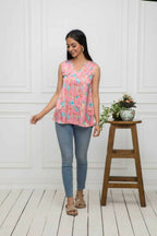 Myshka Women Multi-Abstract V-Neck No Sleeves Polyester Top - Distacart