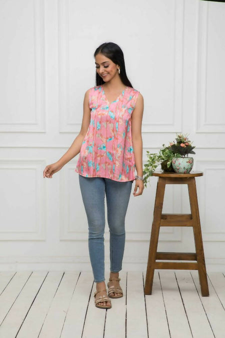 Myshka Women Multi-Abstract V-Neck No Sleeves Polyester Top