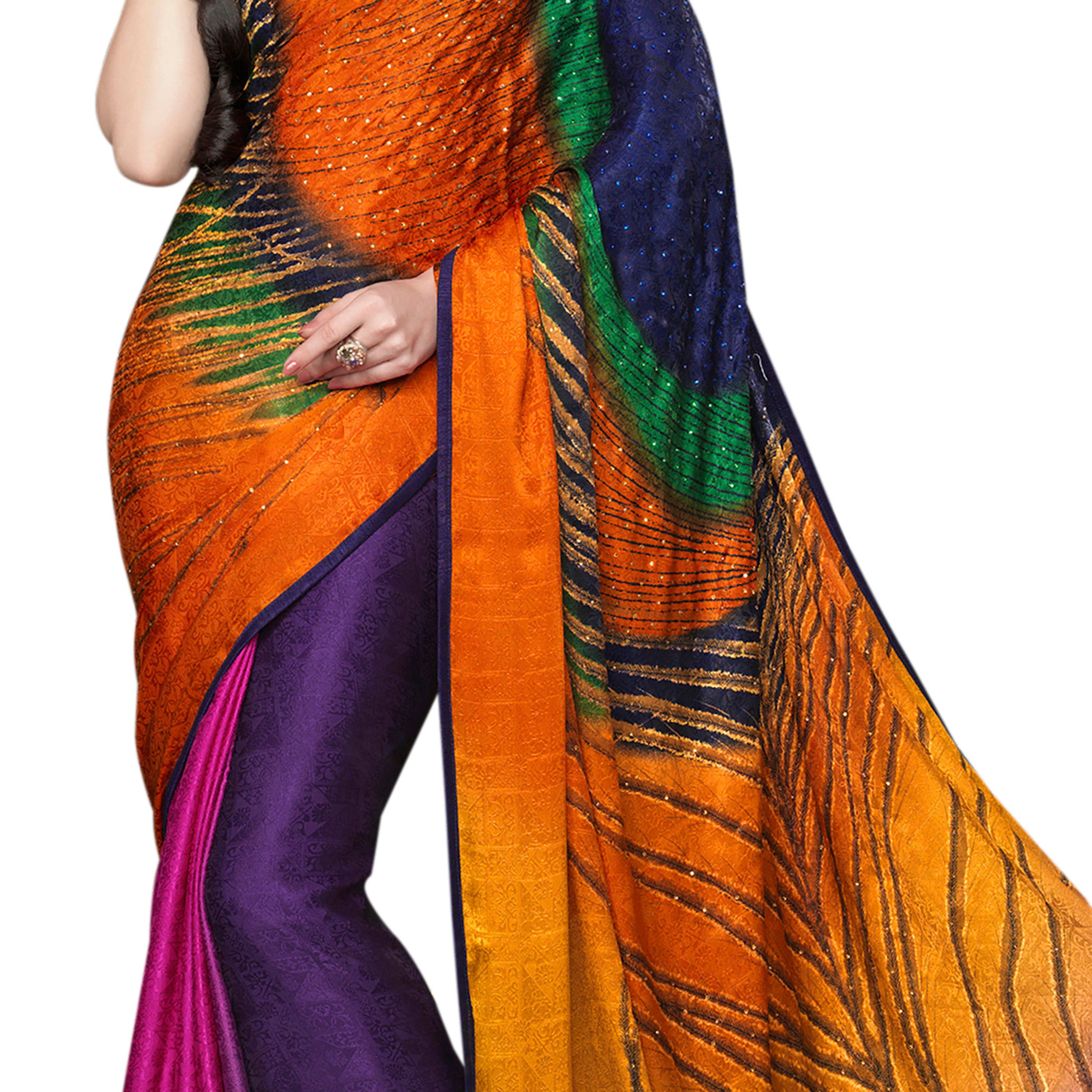Vamika Multi Color Desinger China Chifon With Piping And Lace Saree