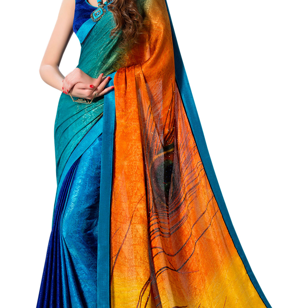 Vamika Multi Color Desinger China Chifon With Piping And Lace Saree