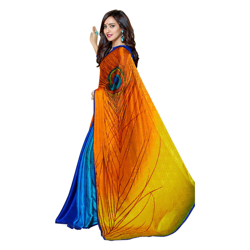 Vamika Blue & Yellow Desinger China Chifon With Piping And Lace Saree