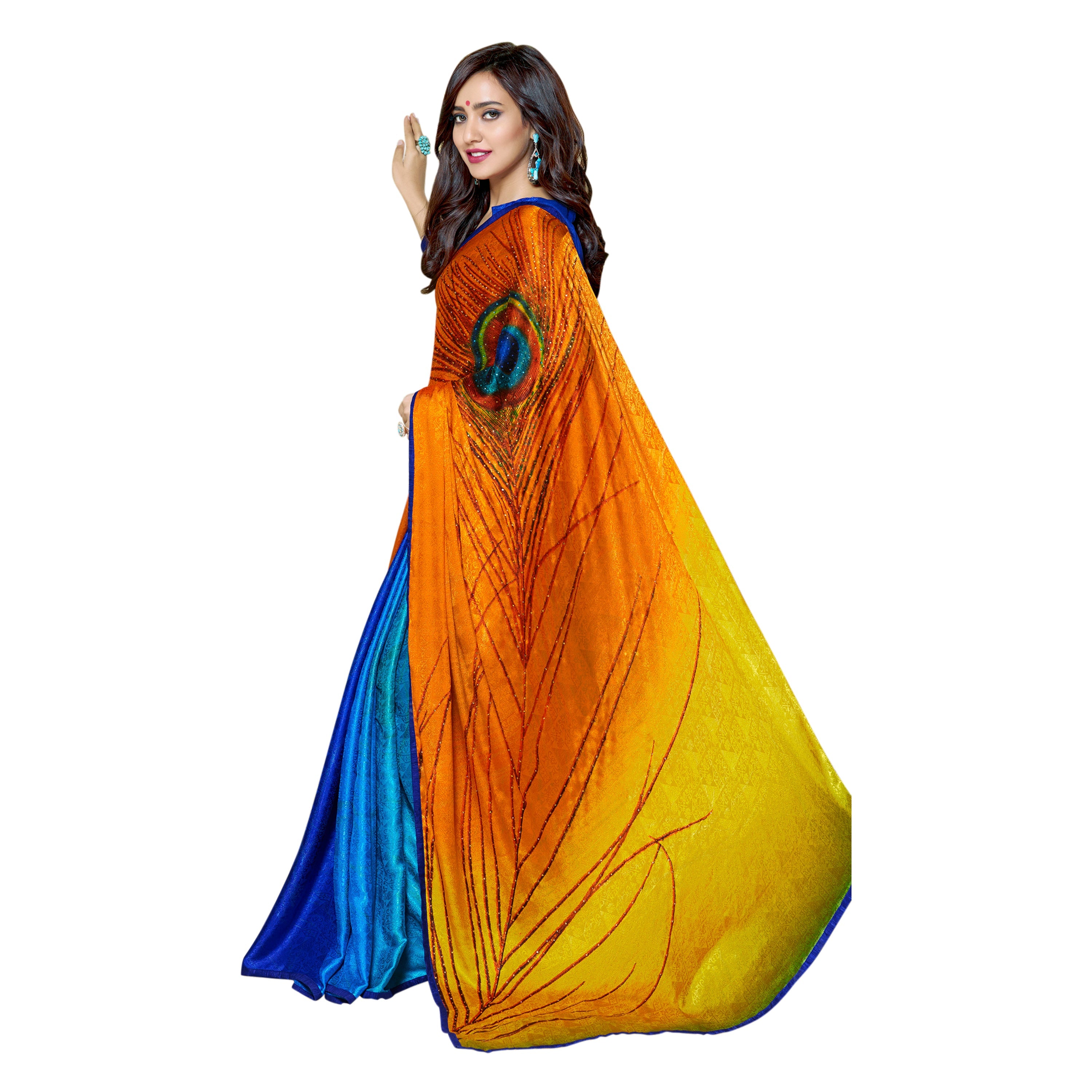 Vamika Blue & Yellow Desinger China Chifon With Piping And Lace Saree