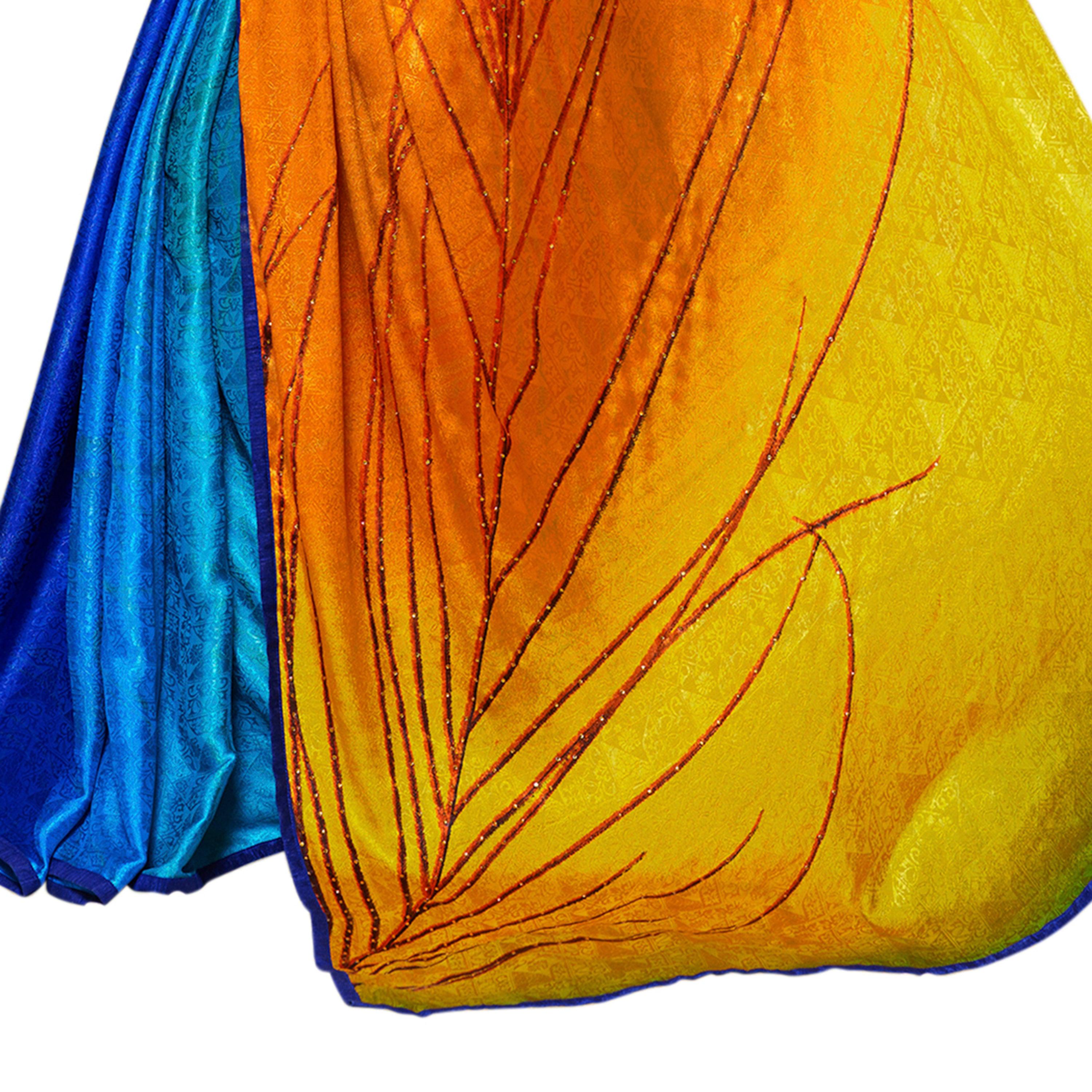 Vamika Blue & Yellow Desinger China Chifon With Piping And Lace Saree