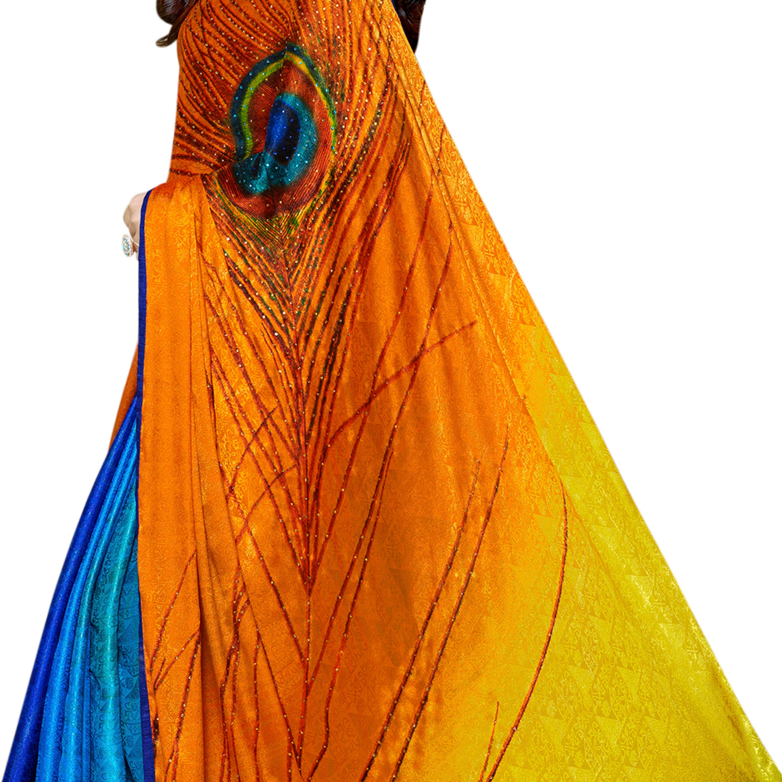 Vamika Blue & Yellow Desinger China Chifon With Piping And Lace Saree