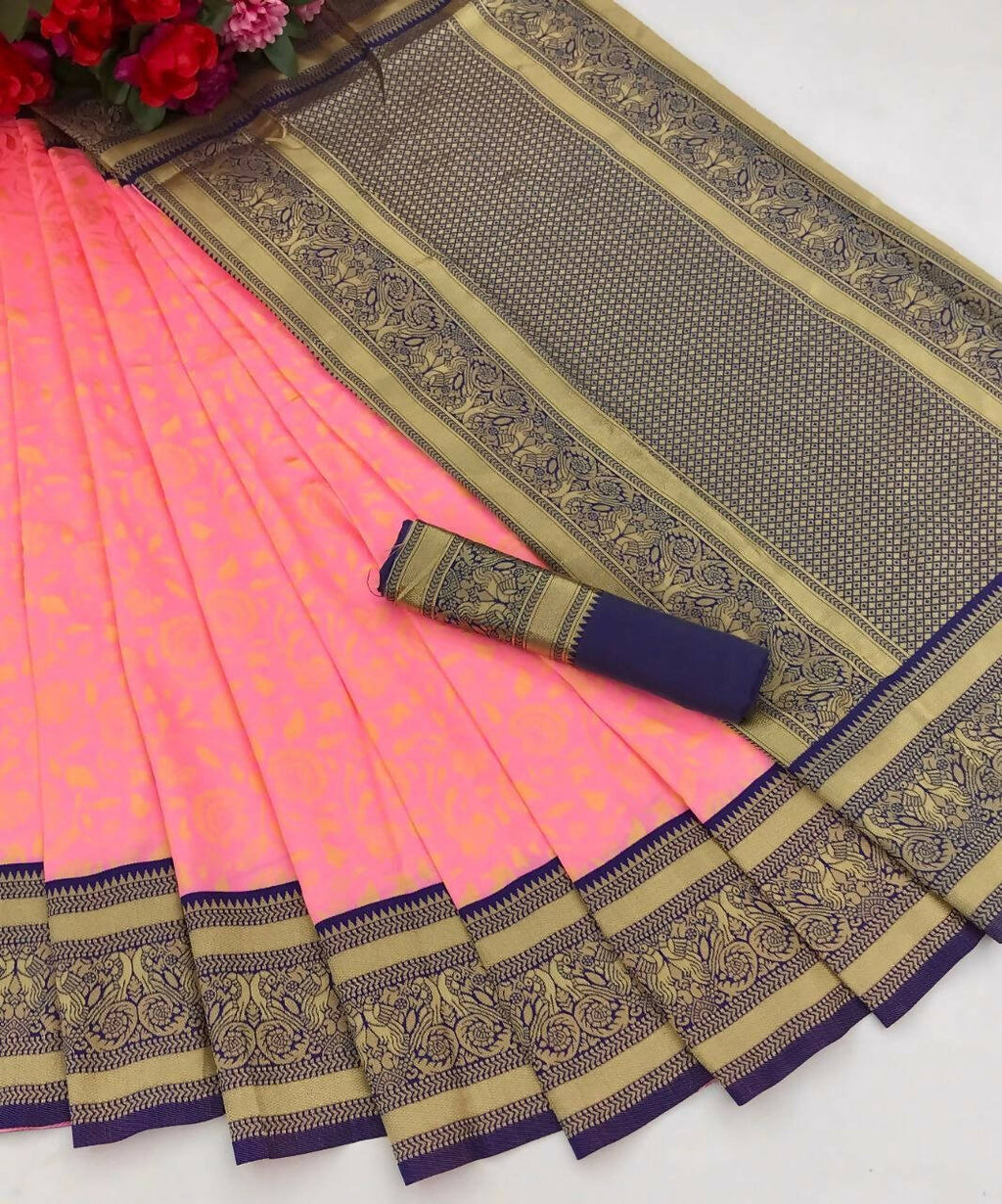 DEIANA'S Beautiful Designer Golden zari Soft Lichi Silk Saree - Peach