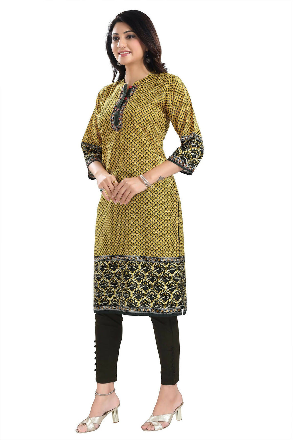 Snehal Creations Yellow Designer Digital Print Cotton Slub Fabric Long Kurti Tunic - Distacart