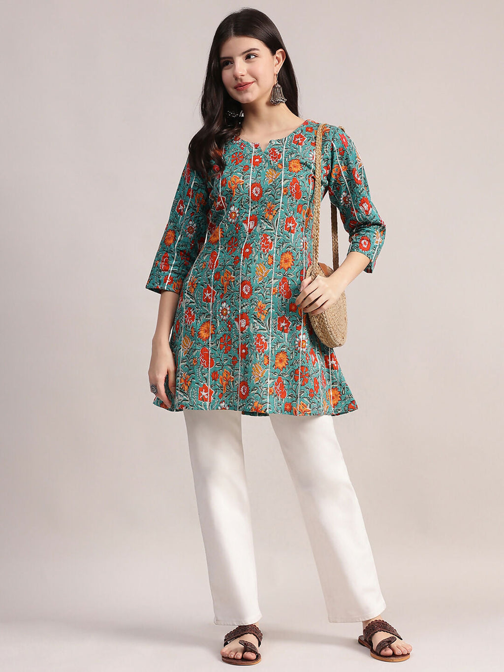 Aavyora Women's Teal Green Cotton A-Line Tunic with Red Floral Print and All-Over Pintuck Details
