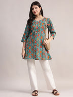 Aavyora Women's Teal Green Cotton A-Line Tunic with Red Floral Print and All-Over Pintuck Details