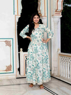 Miravan Women's Light Green Cotton Gotapatti And Lace Border Birds And Leaf Anarkali Kurta