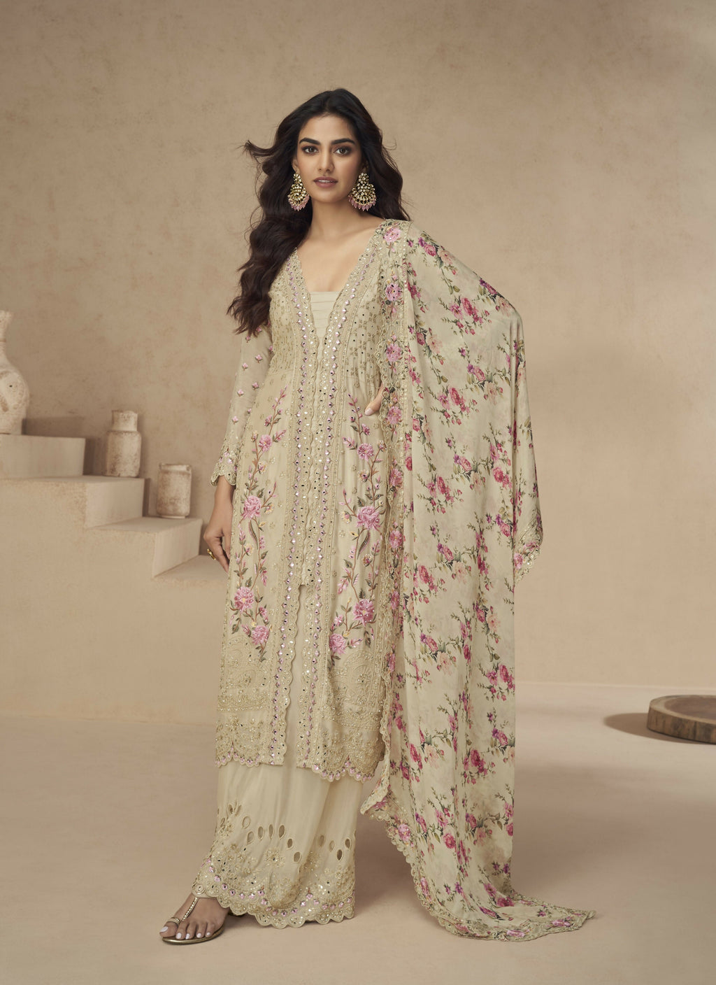 Anaita Cream Chinon Readymade Suit with Embroidery Sequence Work - Distacart