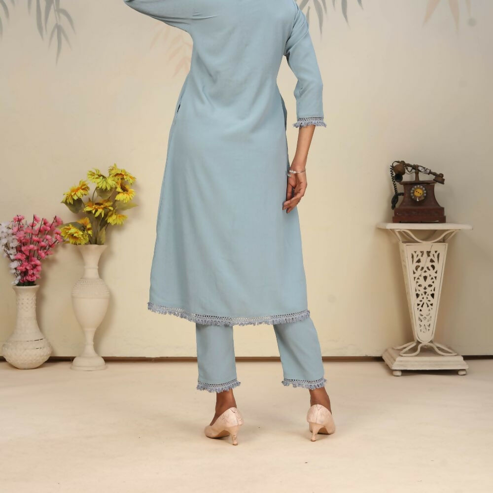 Jyoti Fashion Women's Sky Blue Rinkal Cotton Plain with Side Pocket Kurtis & Sets