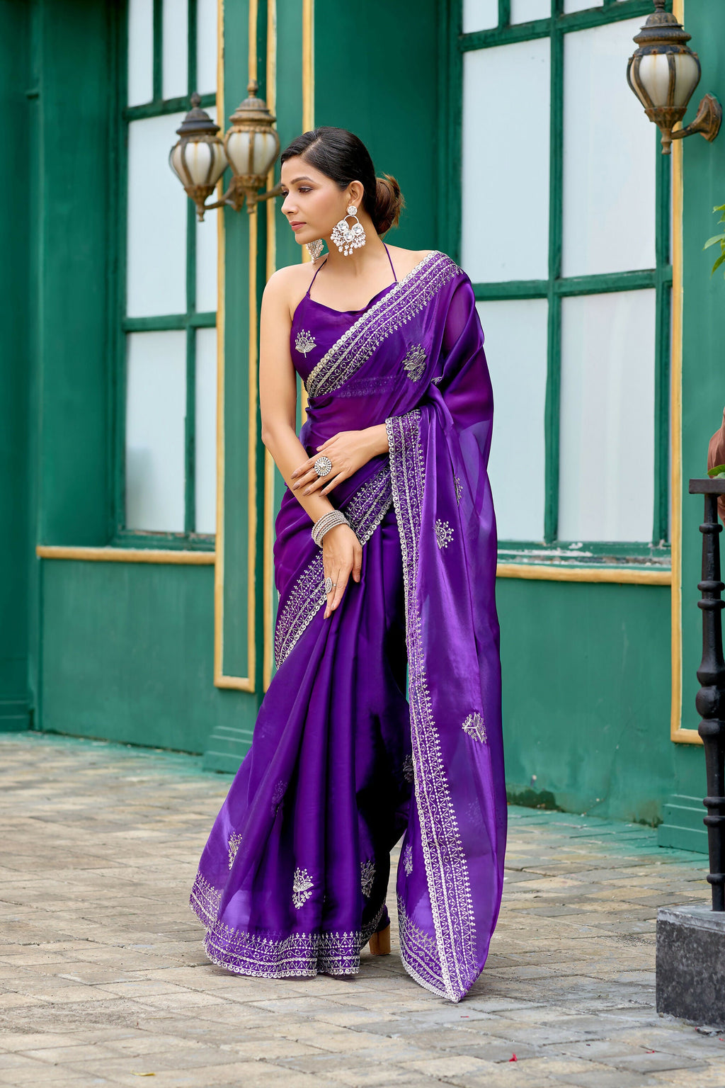 Vastranavya Purple-Blue Embroidery Work Shimmer Chiffon Saree with Unstitched Blouse - Distacart