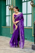 Vastranavya Purple-Blue Embroidery Work Shimmer Chiffon Saree with Unstitched Blouse - Distacart