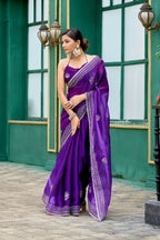 Vastranavya Purple-Blue Embroidery Work Shimmer Chiffon Saree with Unstitched Blouse - Distacart