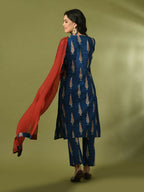 Myshka Women's Blue Printed Cotton Straight Party Kurta Set With Dupatta