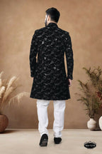 Joban Fashion Men's Black Straight Velvet Thread & Sequence Embroidery All Over Indo-Western Kurta Set
