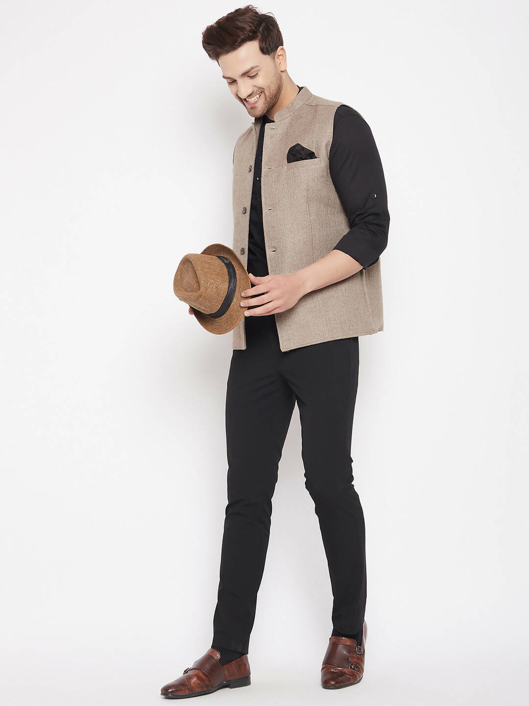 Even Apparels Beige Wool Men Woven Nehru Jacket - Distacart