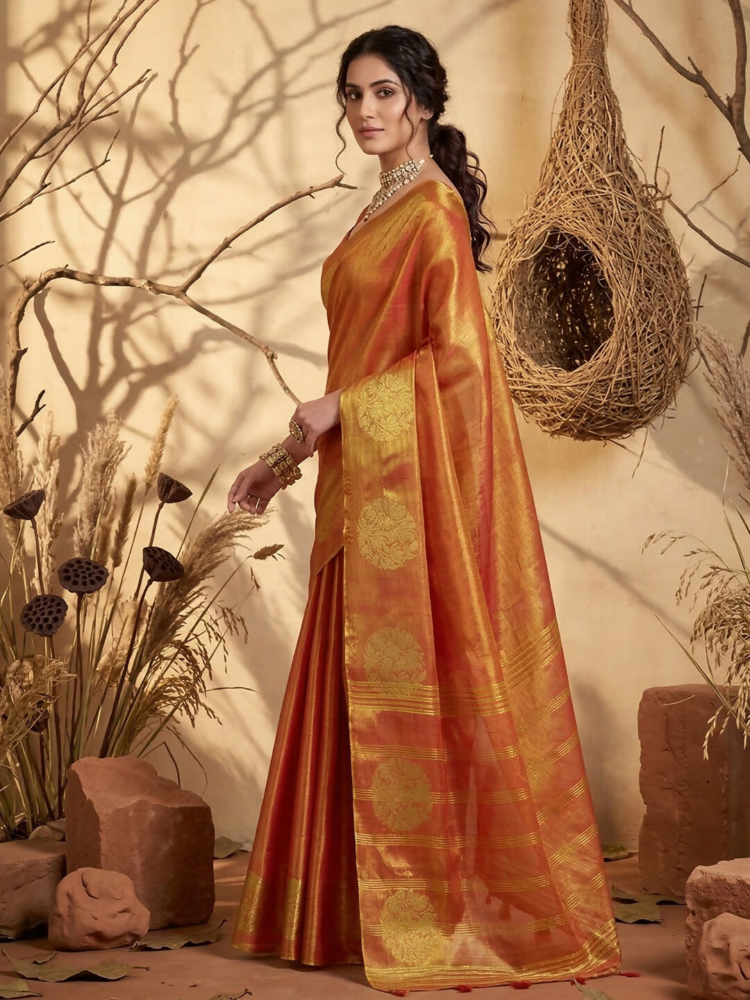 Shree Shyam Fashion Rust Tissue Silk Saree - Distacart