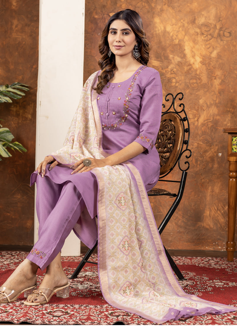 Prazu Fashion Lavender Marina Silk Thread Embroidered Kurta Set - Distacart