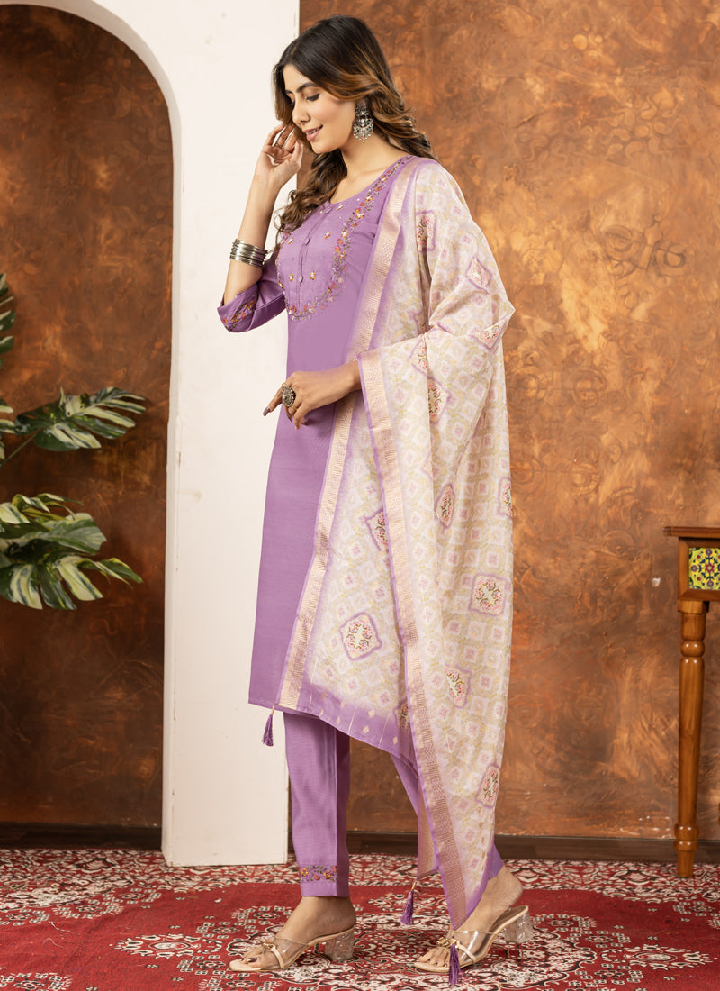 Prazu Fashion Lavender Marina Silk Thread Embroidered Kurta Set - Distacart