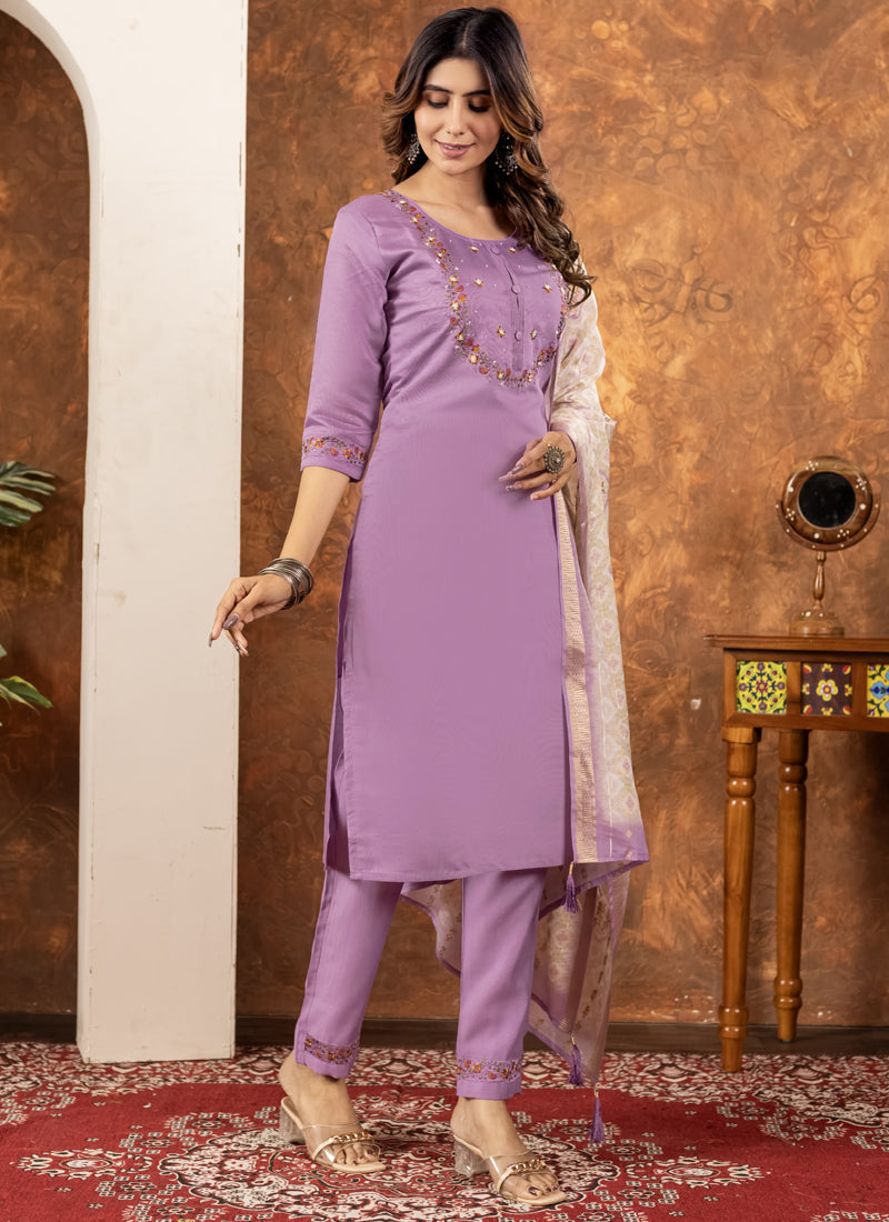 Prazu Fashion Lavender Marina Silk Thread Embroidered Kurta Set - Distacart