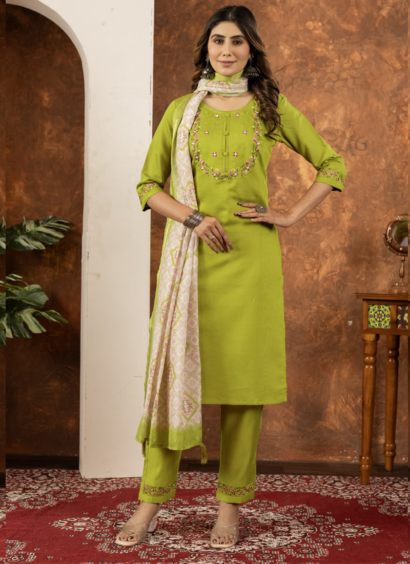 Prazu Fashion Parrot Green Marina Silk Thread Embroidered Kurta Set - Distacart