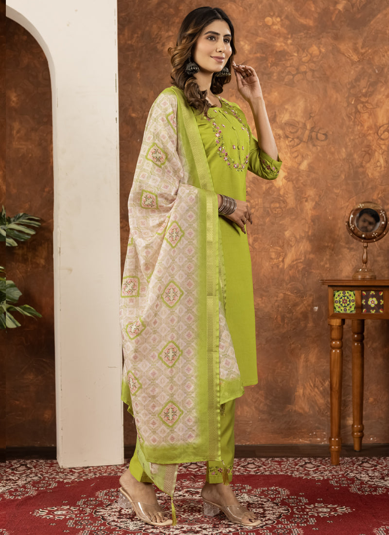 Prazu Fashion Parrot Green Marina Silk Thread Embroidered Kurta Set - Distacart