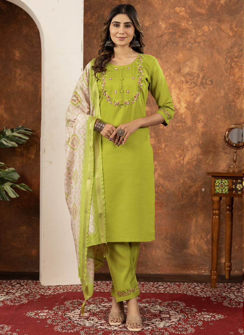 Prazu Fashion Parrot Green Marina Silk Thread Embroidered Kurta Set - Distacart