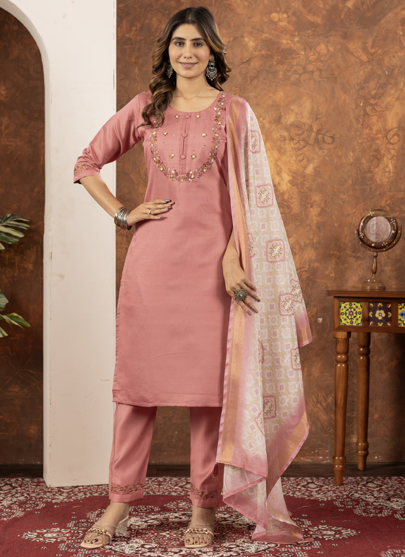 Prazu Fashion Peach Marina Silk Thread Embroidered Kurta Set - Distacart
