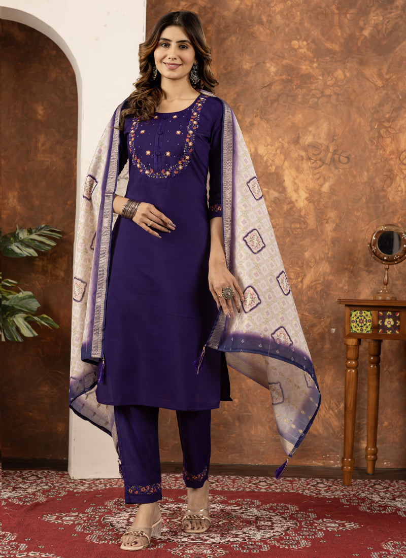 Prazu Fashion Purple Marina Silk Thread Embroidered Kurta Set - Distacart
