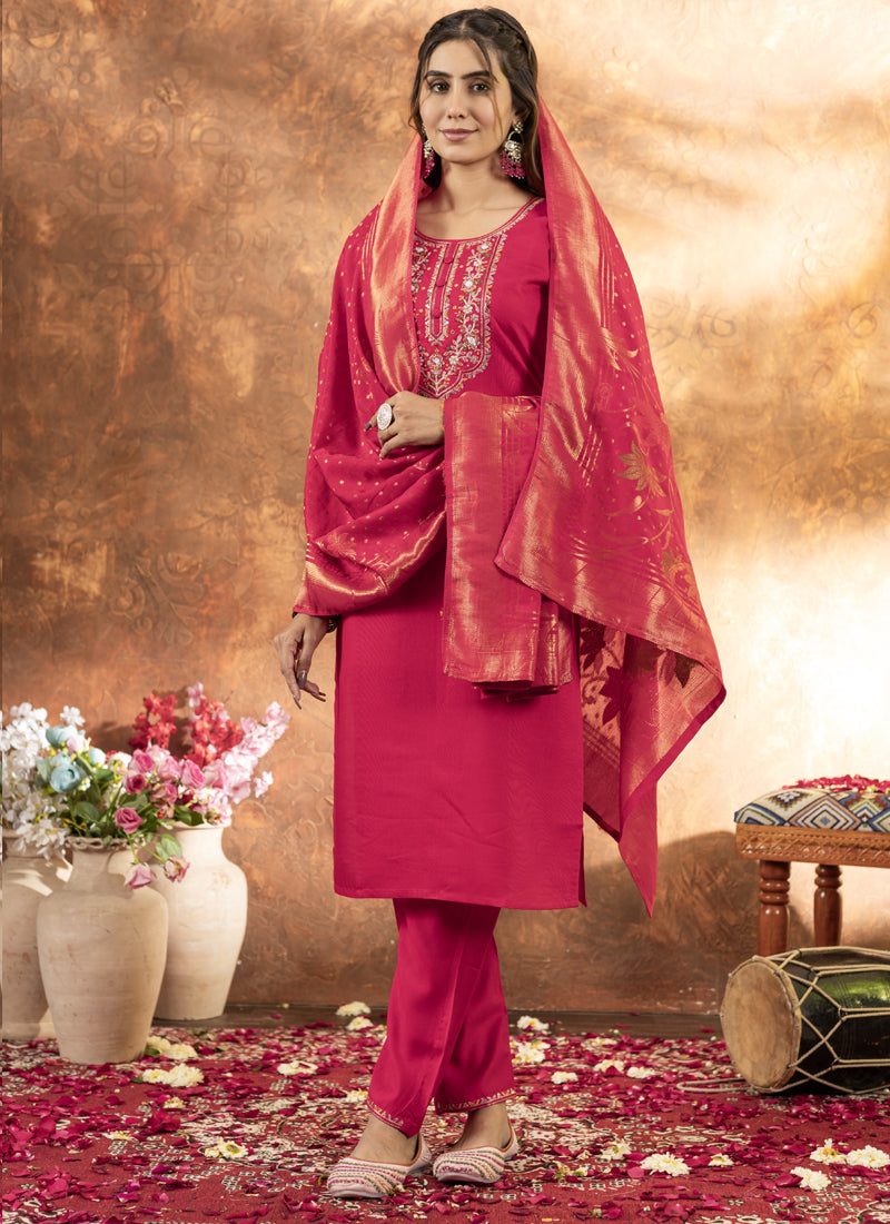 Prazu Fashion Pink Marina Silk Thread Embroidered Kurta Set - Distacart