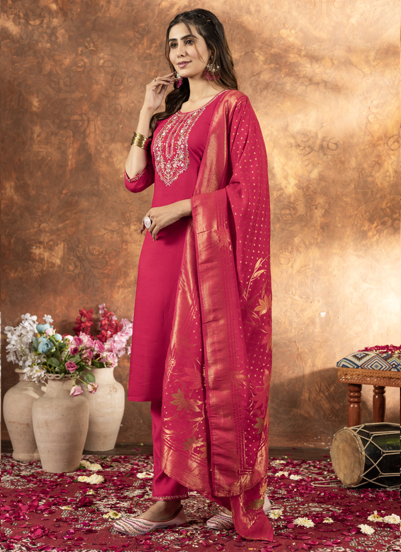 Prazu Fashion Pink Marina Silk Thread Embroidered Kurta Set - Distacart
