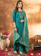 Prazu Fashion Rama Green Marina Silk Thread Embroidered Kurta Set - Distacart
