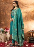 Prazu Fashion Rama Green Marina Silk Thread Embroidered Kurta Set - Distacart