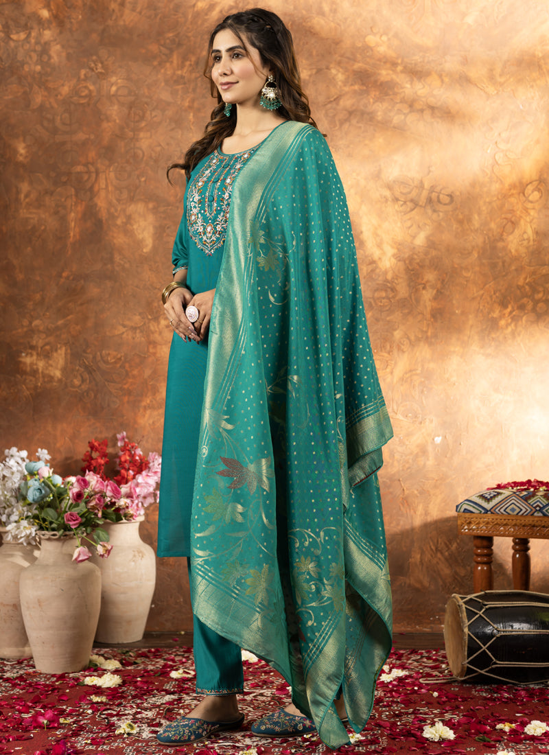 Prazu Fashion Rama Green Marina Silk Thread Embroidered Kurta Set - Distacart
