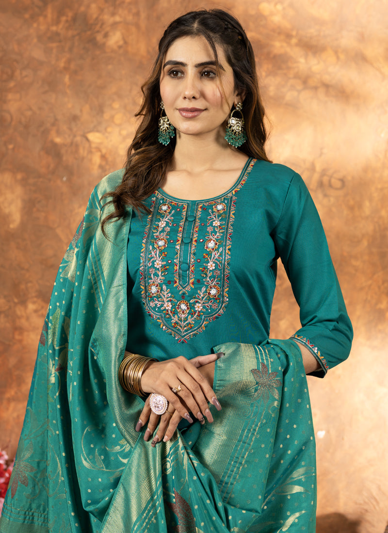 Prazu Fashion Rama Green Marina Silk Thread Embroidered Kurta Set - Distacart