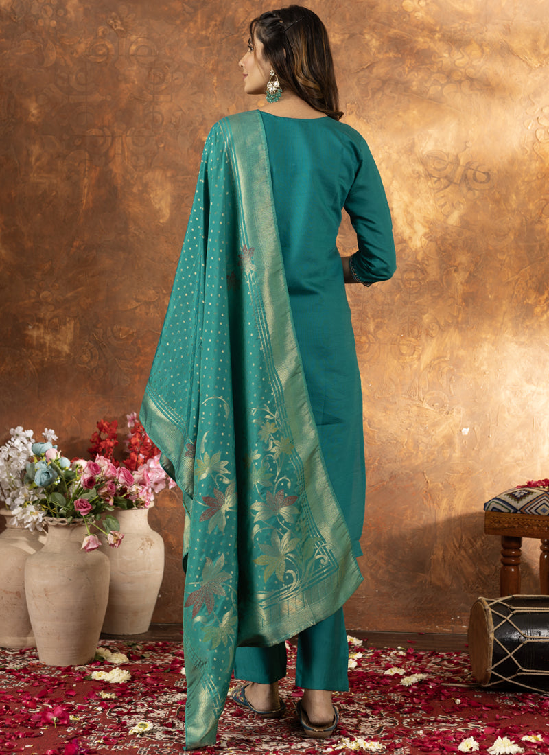 Prazu Fashion Rama Green Marina Silk Thread Embroidered Kurta Set - Distacart