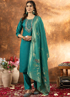 Prazu Fashion Rama Green Marina Silk Thread Embroidered Kurta Set - Distacart
