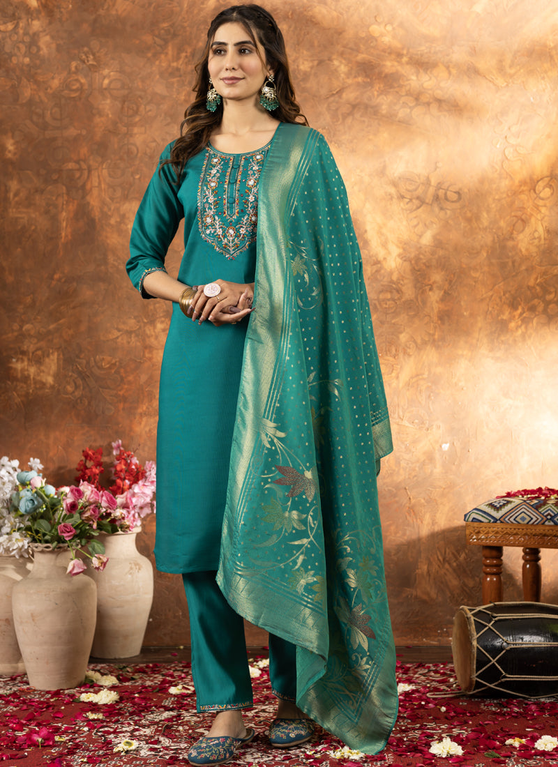 Prazu Fashion Rama Green Marina Silk Thread Embroidered Kurta Set - Distacart