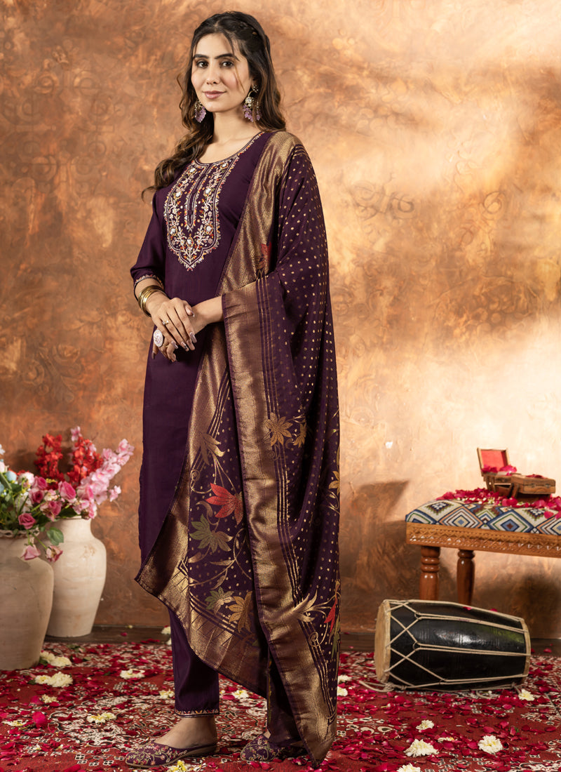 Prazu Fashion Wine Marina Silk Thread Embroidered Kurta Set - Distacart
