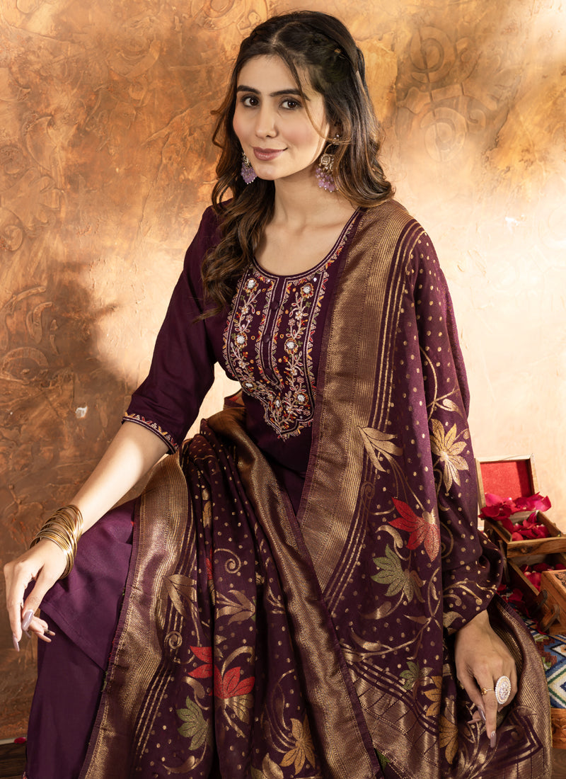 Prazu Fashion Wine Marina Silk Thread Embroidered Kurta Set - Distacart
